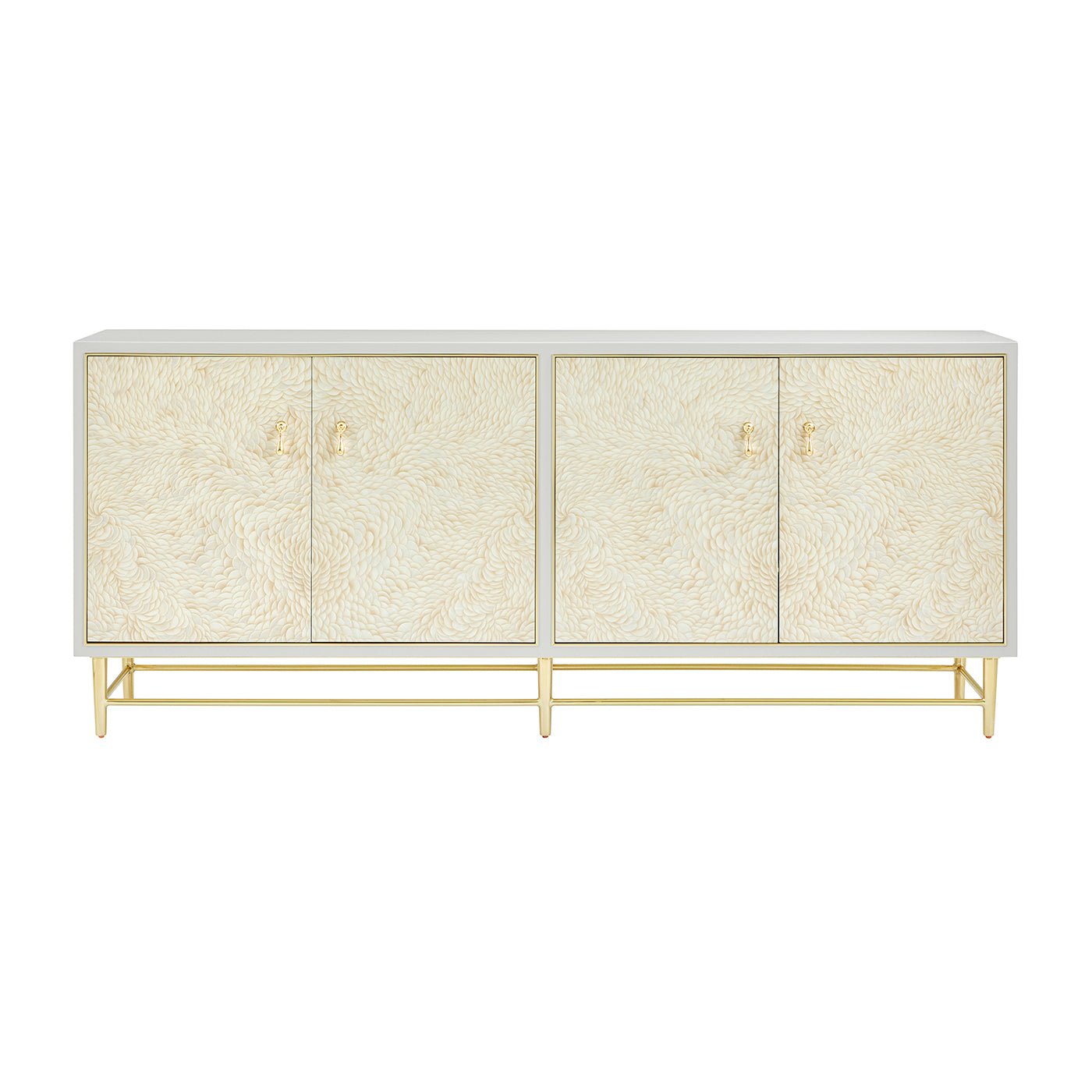 Hollywood Regency cabinet straight-on view, intricate pattern visible.