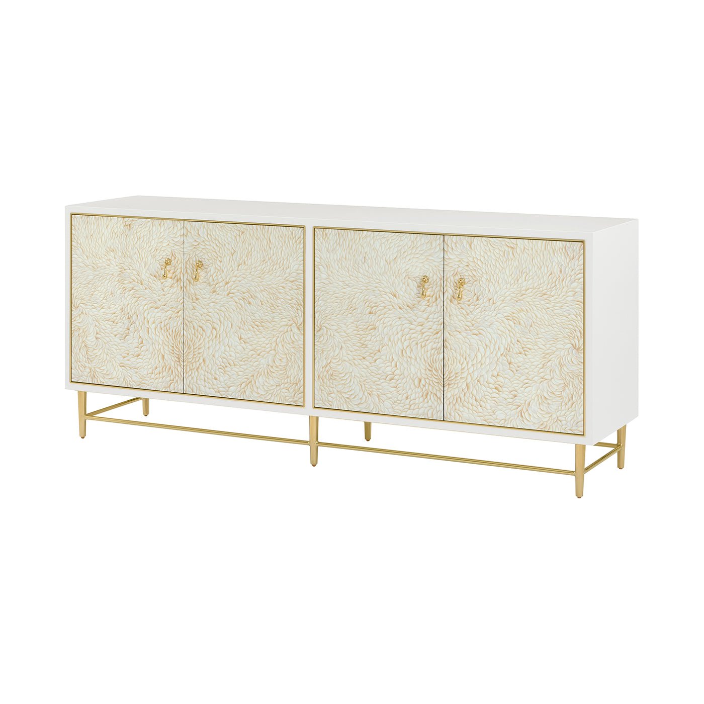Hollywood Regency cabinet front view, white and gold design.