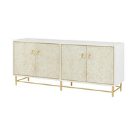 Hollywood Regency cabinet front view, white and gold design.