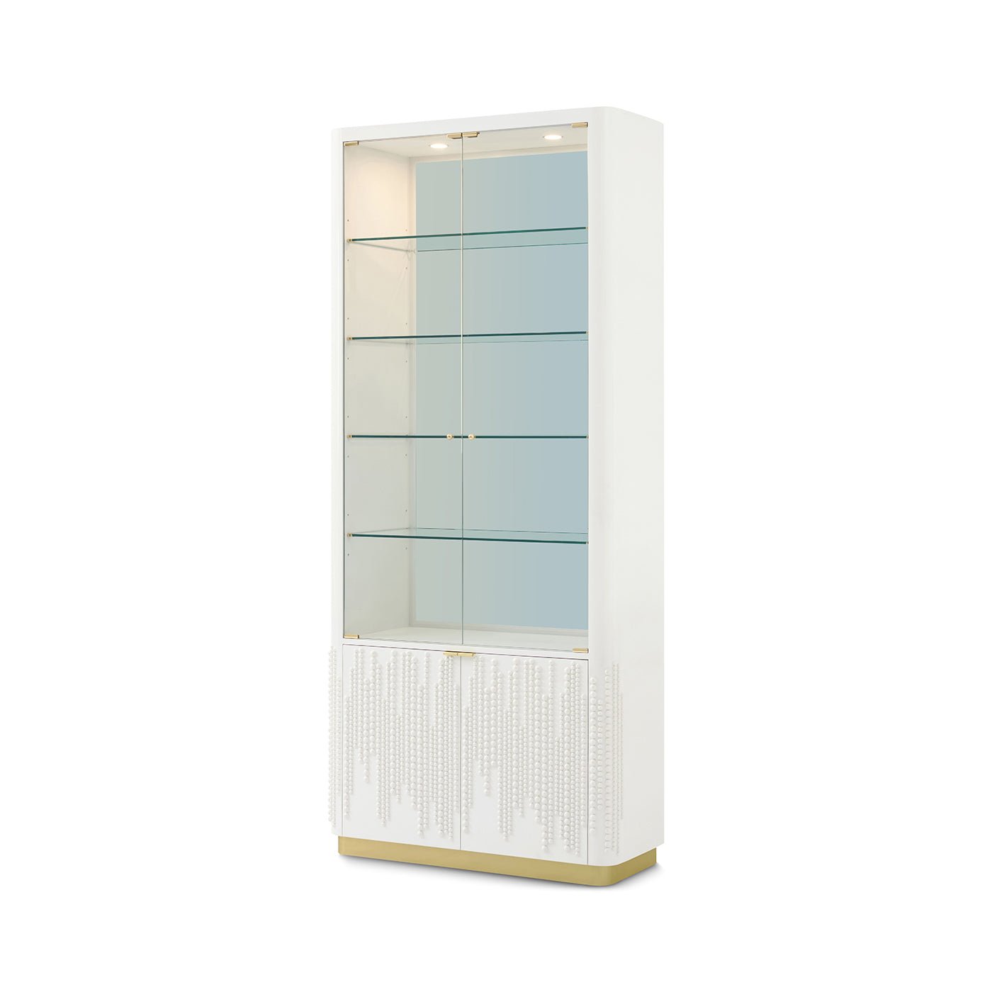 White glass door bookcase side view with shelves.