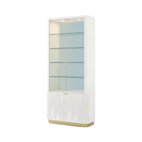 White glass door bookcase side view with shelves.