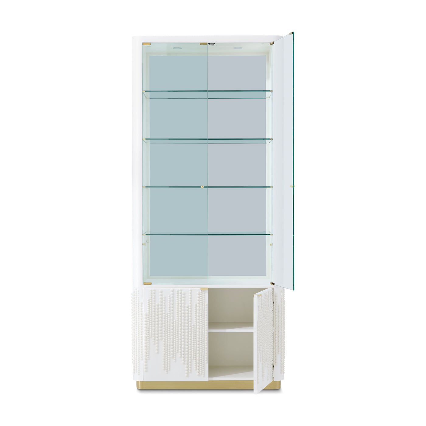 Open glass door bookcase showing interior shelves.