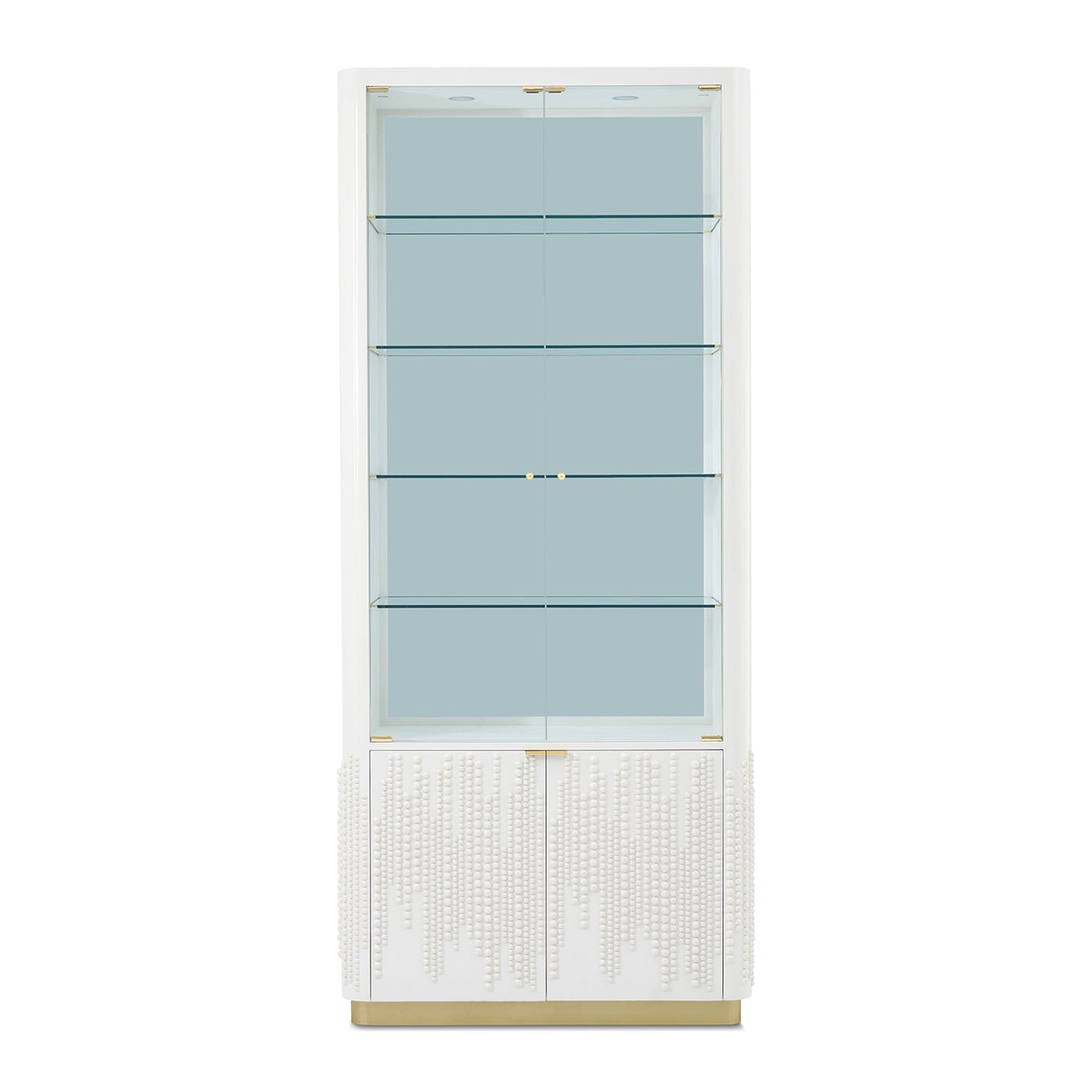 Front view of glass door bookcase with closed doors.