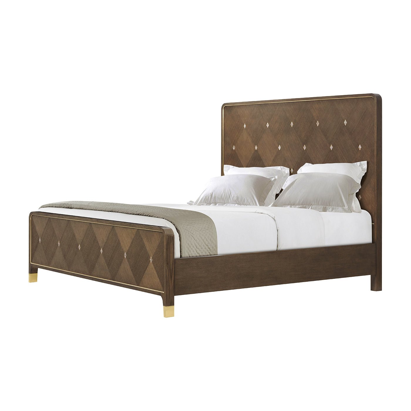 Hollywood Regency King Bed angled view with bedding.