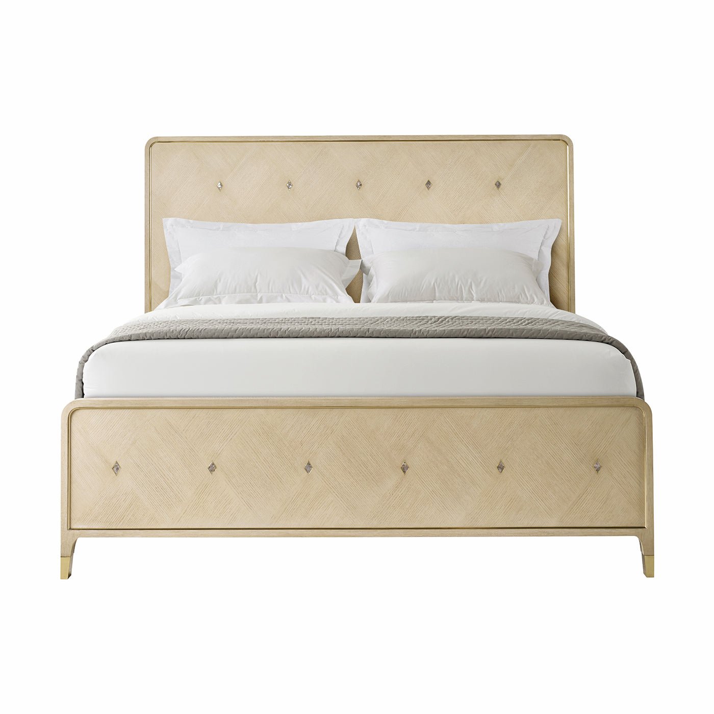 Front view of Hollywood Regency king bed, pillows visible.