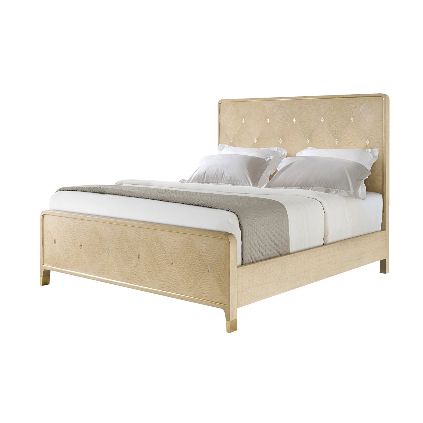 Hollywood Regency king bed, angled view, light finish.