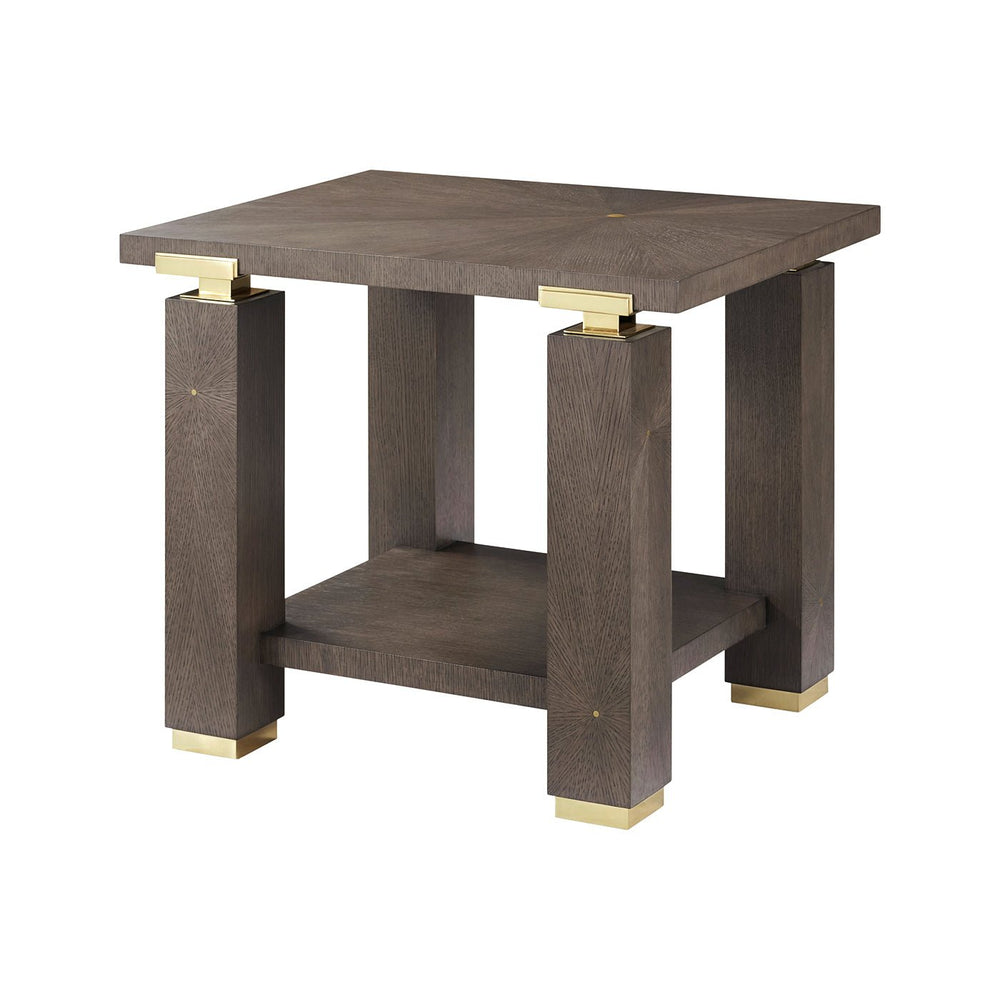 Dark wood minimalist end table with gold accents, angled view.