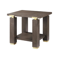 Dark wood minimalist end table with gold accents, angled view.