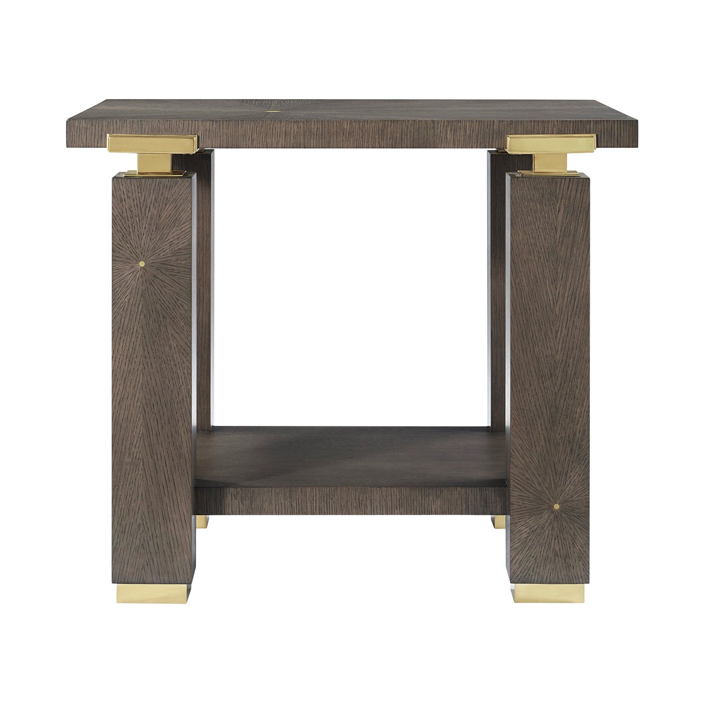 Front view of dark wood end table with gold details.