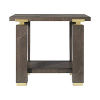 Front view of dark wood end table with gold details.