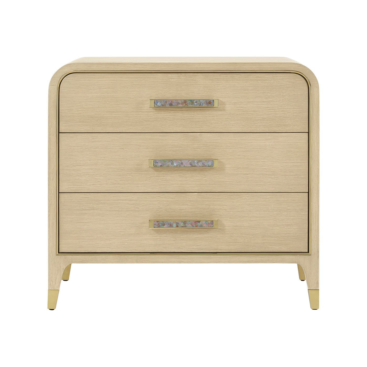 Front view of light finish nightstand with drawer handles.