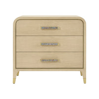 Front view of light finish nightstand with drawer handles.