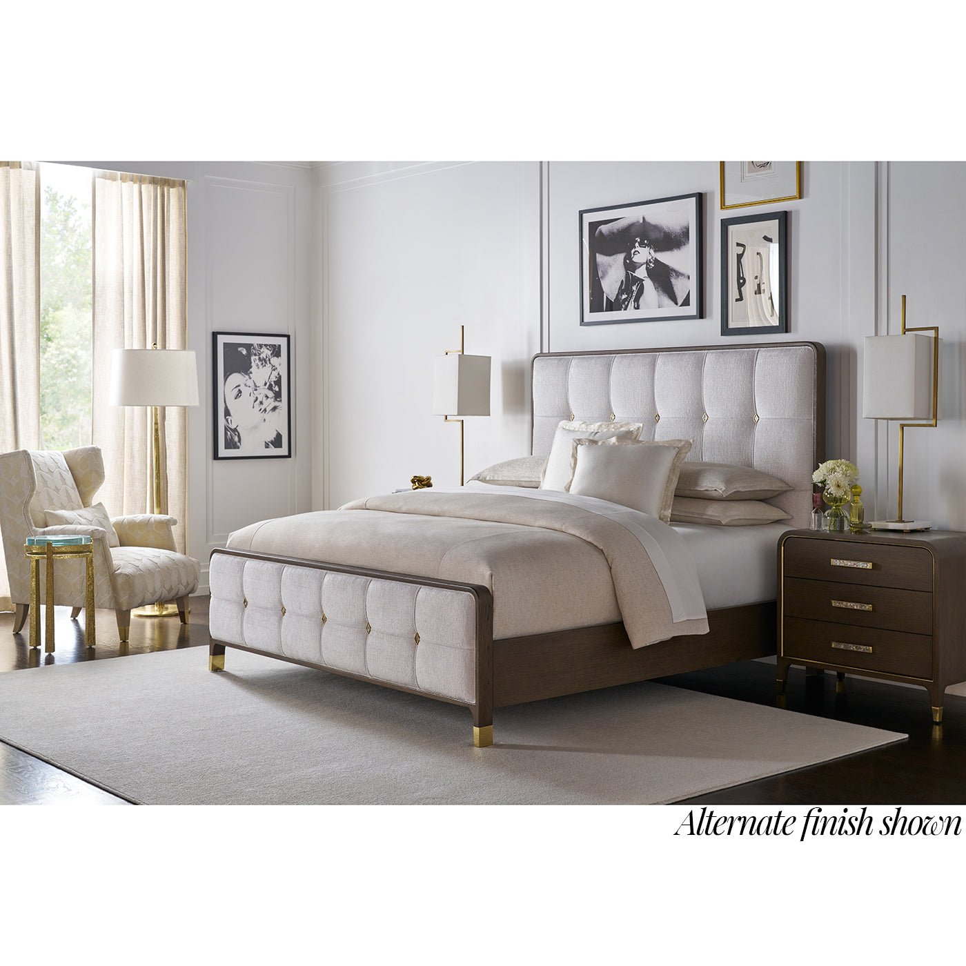 Alternate finish bedroom set with tufted headboard and nightstands.