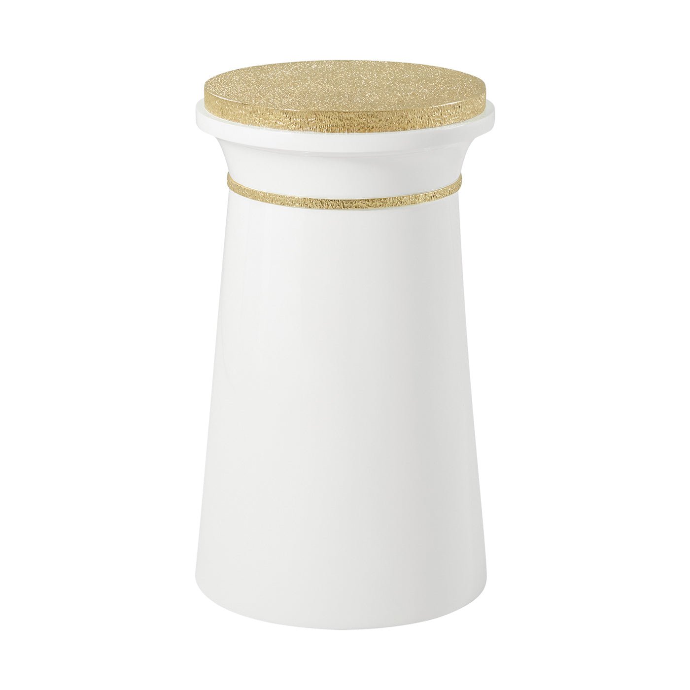 White accent table with gold top, front view.