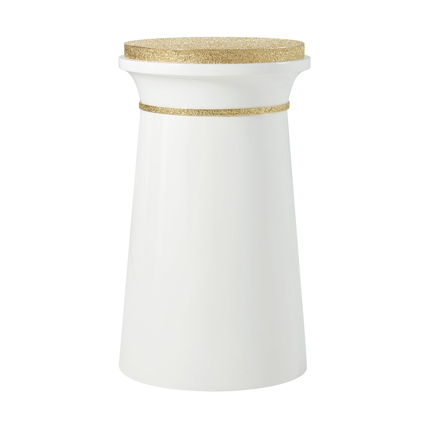 White accent table with gold trim, angled view.