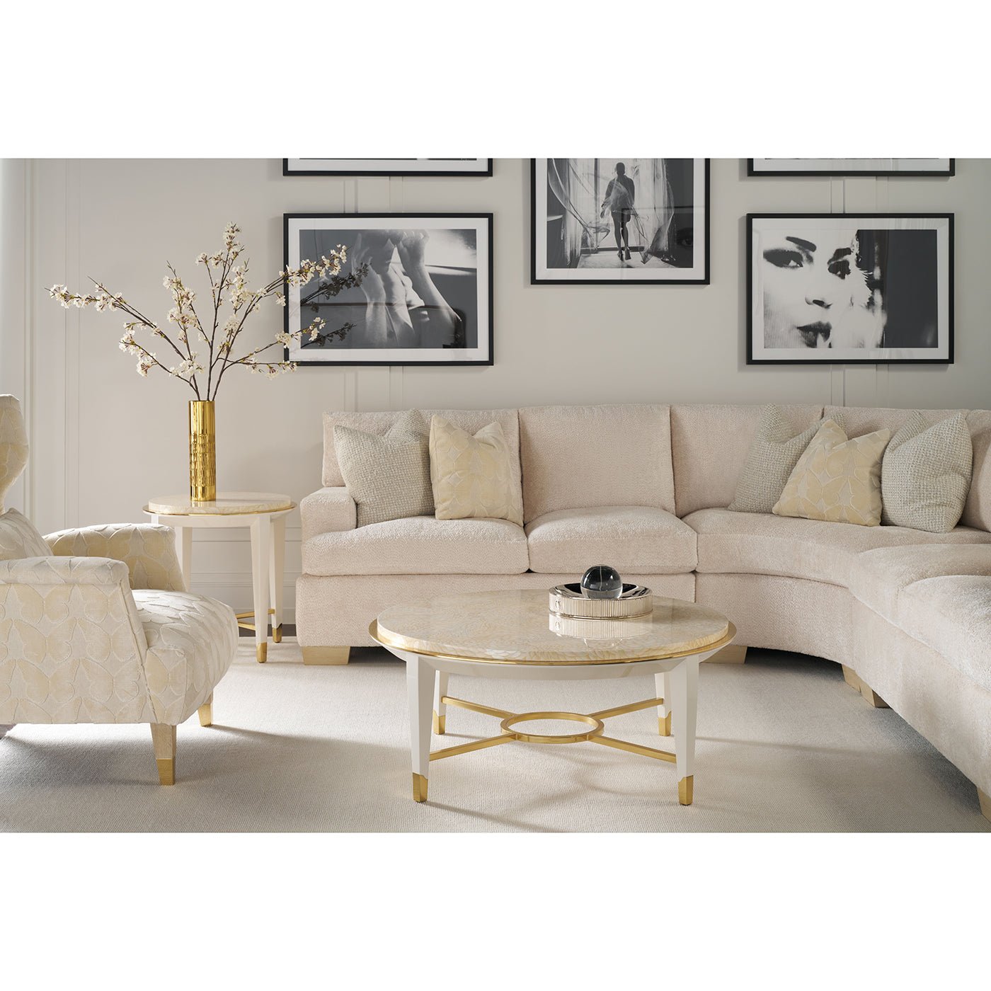 Living room with round cocktail table and beige sofa