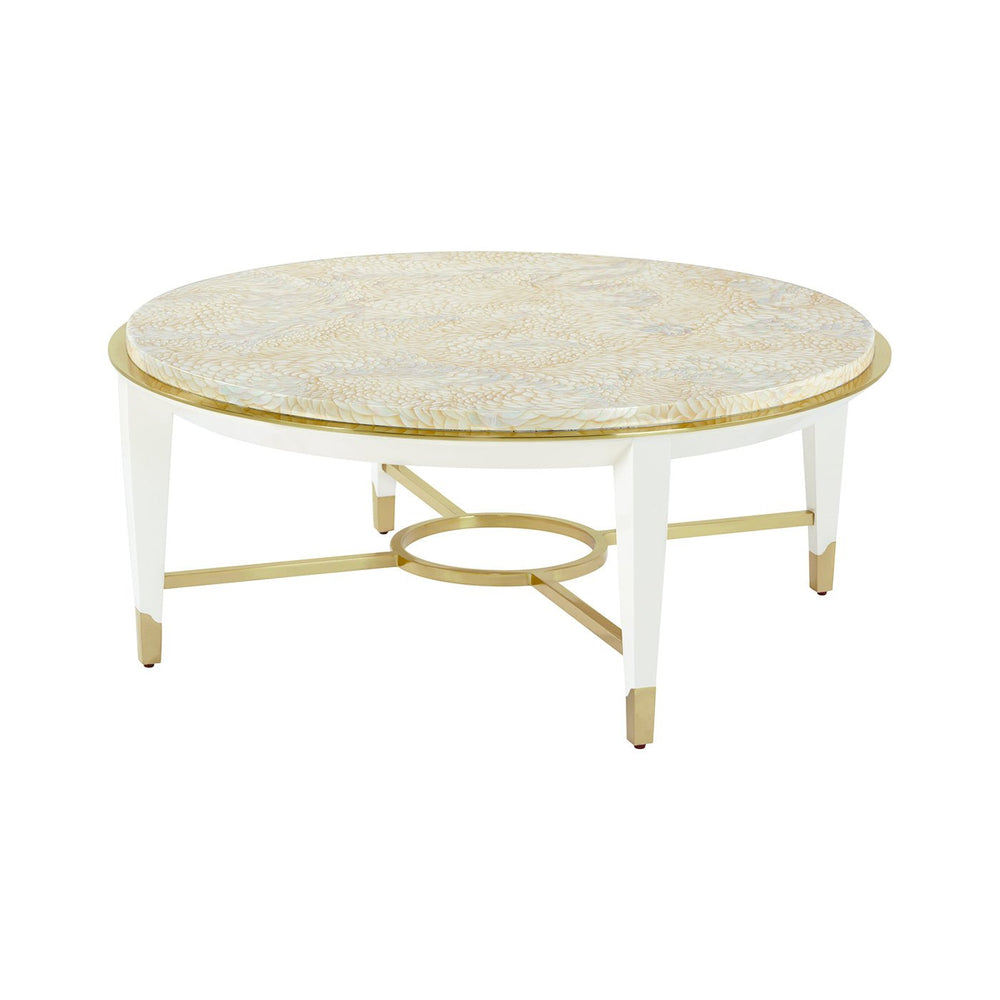 Round cocktail table with gold trim, side view