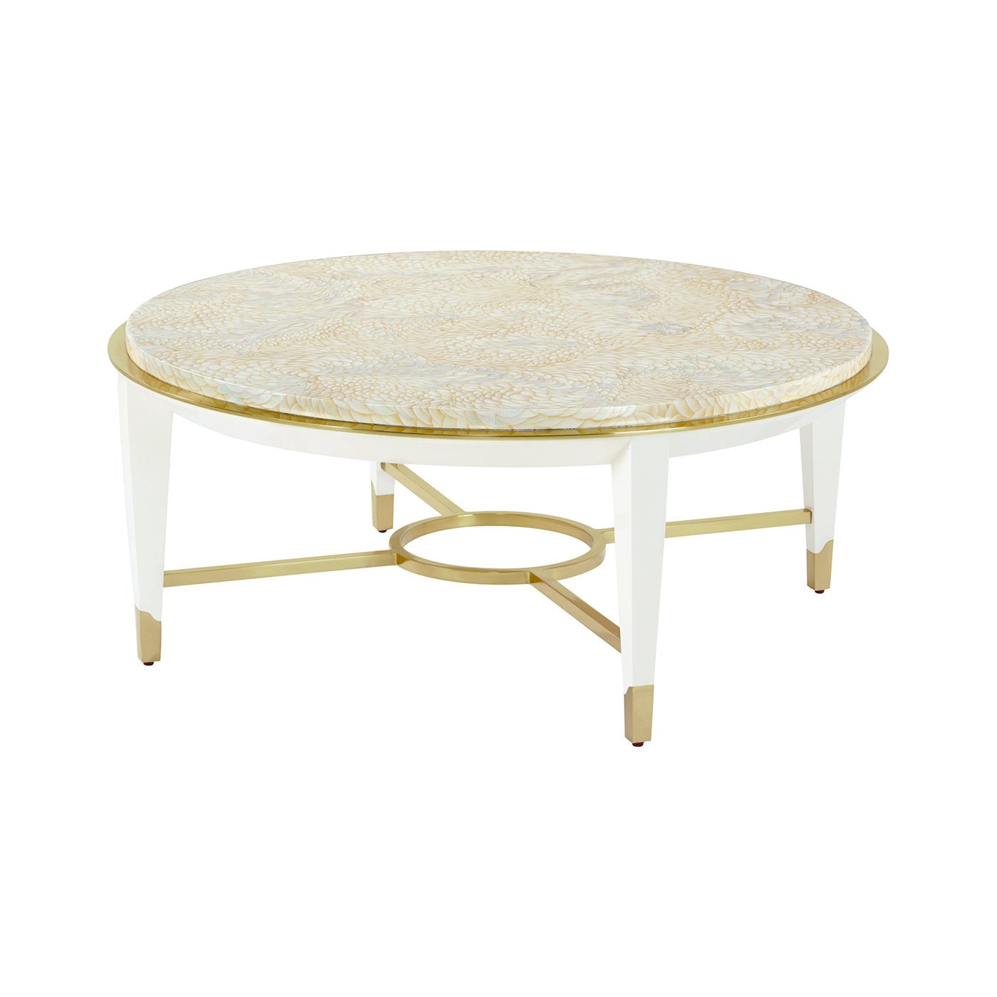 Round cocktail table with gold trim, side view