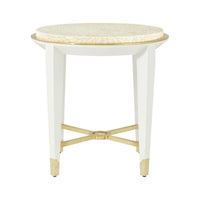 Side view of round side table with gold accents.