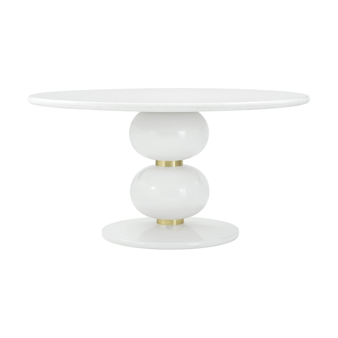 Round dining table with spherical base, side view.