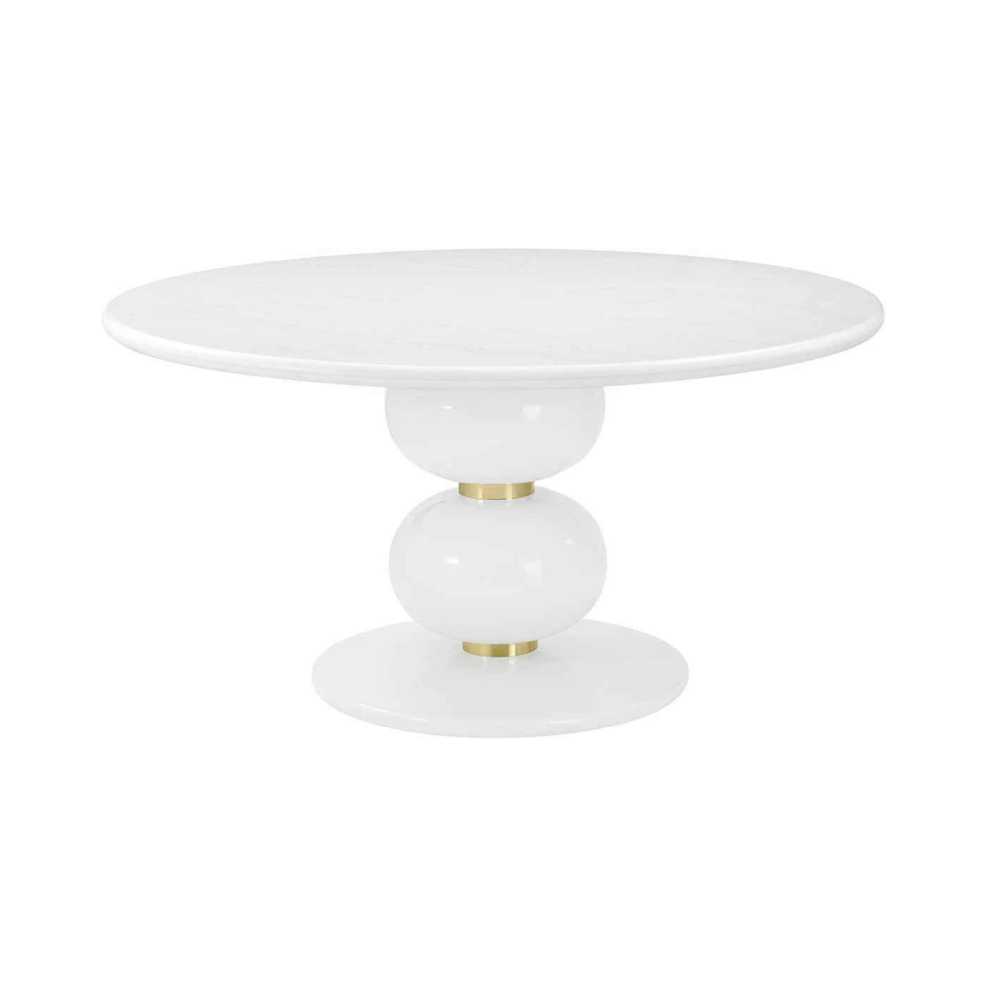 White round dining table with gold accents, front view.