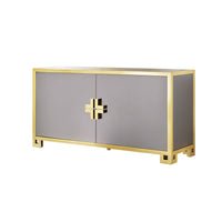 Gold-trimmed sideboard with closed doors, front view.