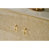 Detailed view of cabinet surface with gold trim and handles.