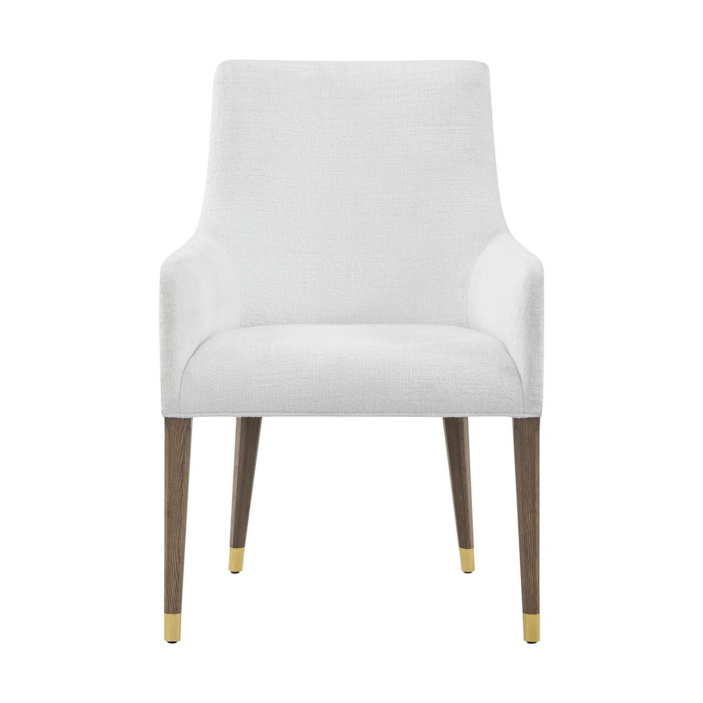 Front view of armchair, white upholstery, gold accents.