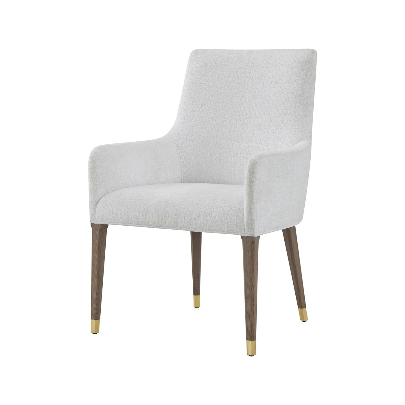 White upholstered armchair with wooden legs, front view.