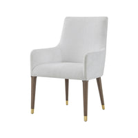 White upholstered armchair with wooden legs, front view.