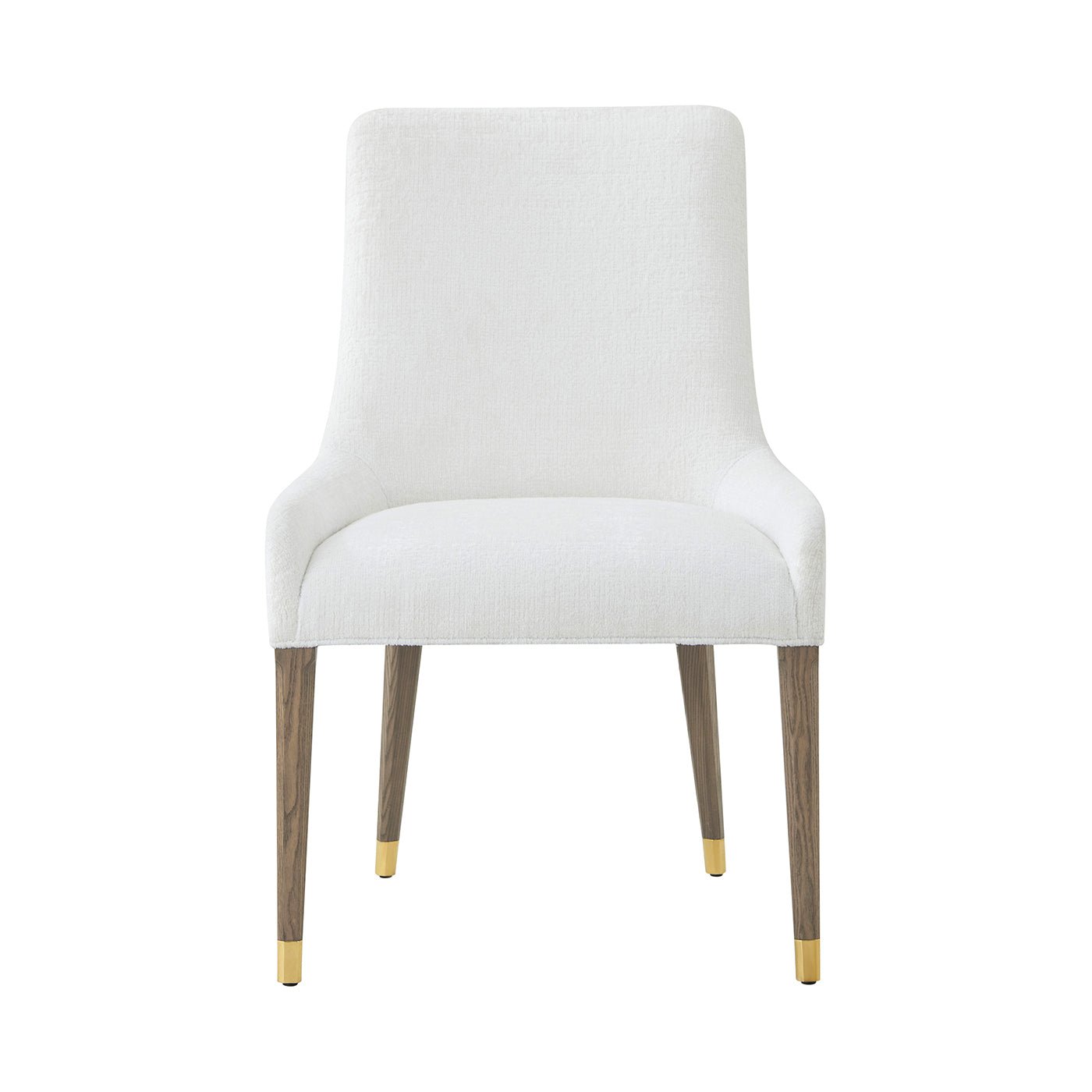 Front face of white dining chair with gold-tipped legs.