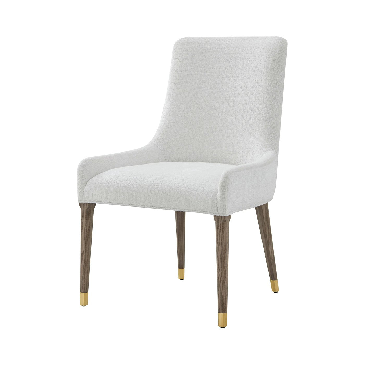 White upholstered dining chair with gold accents, front view.