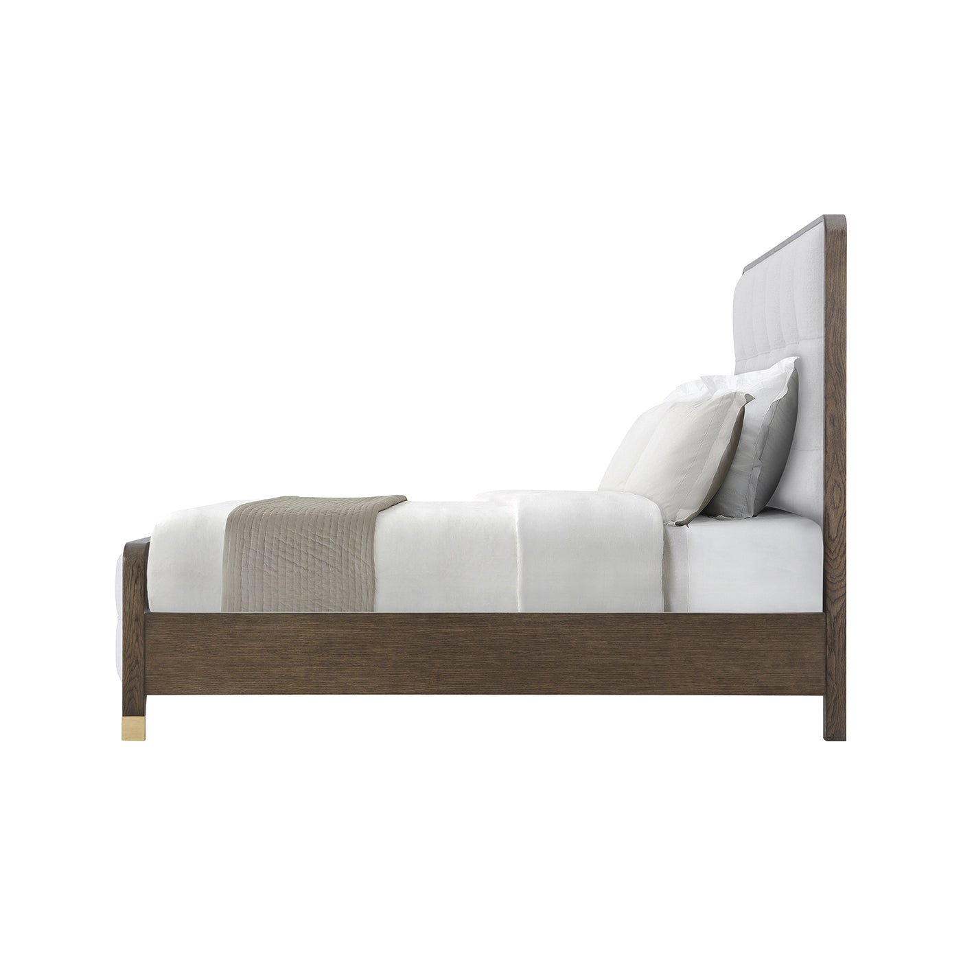 Side profile of upholstered bed highlighting wood detail.