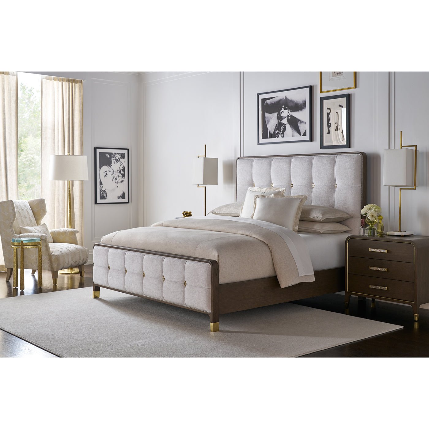 Stylish bedroom setup with upholstered king bed.