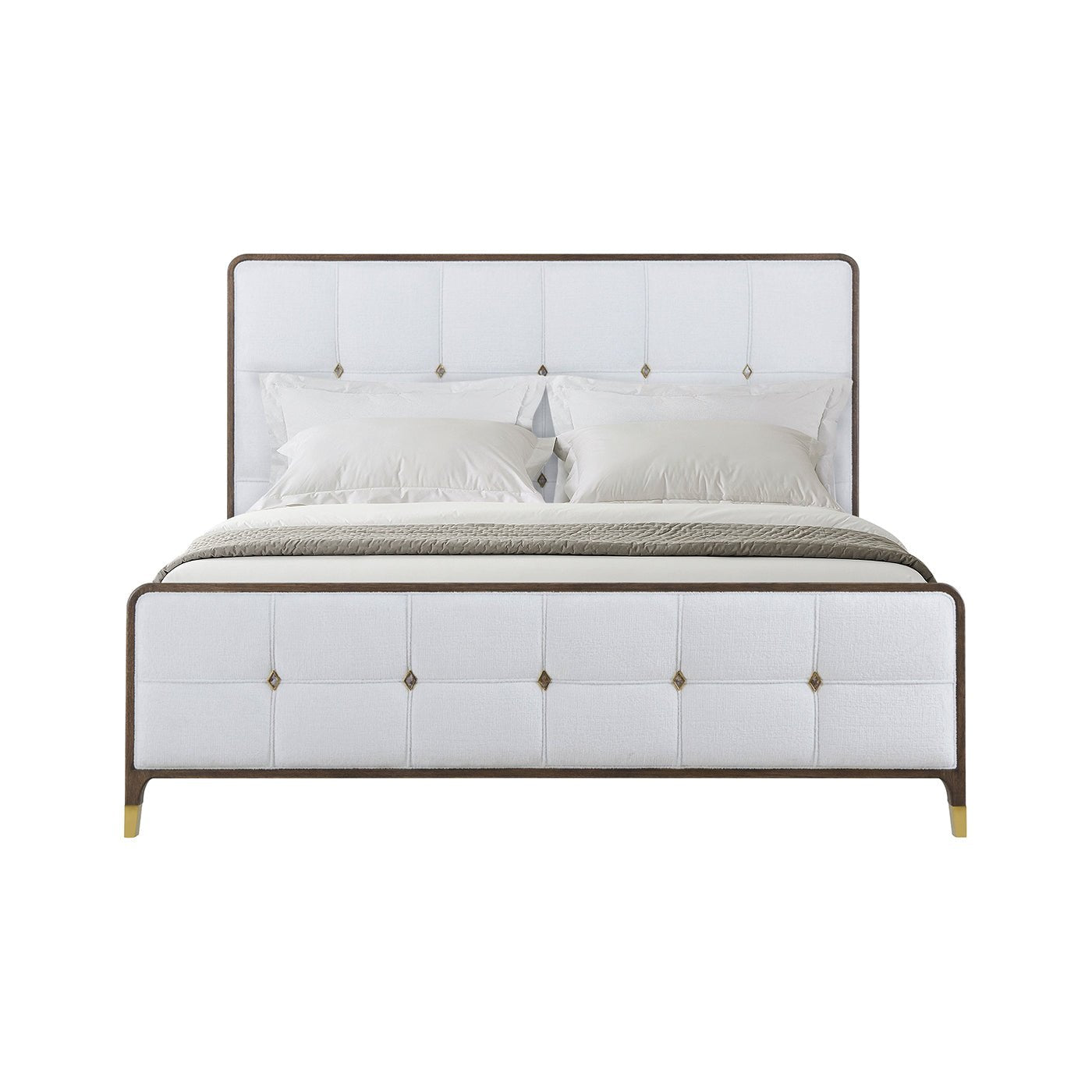 Front view of white upholstered king bed.