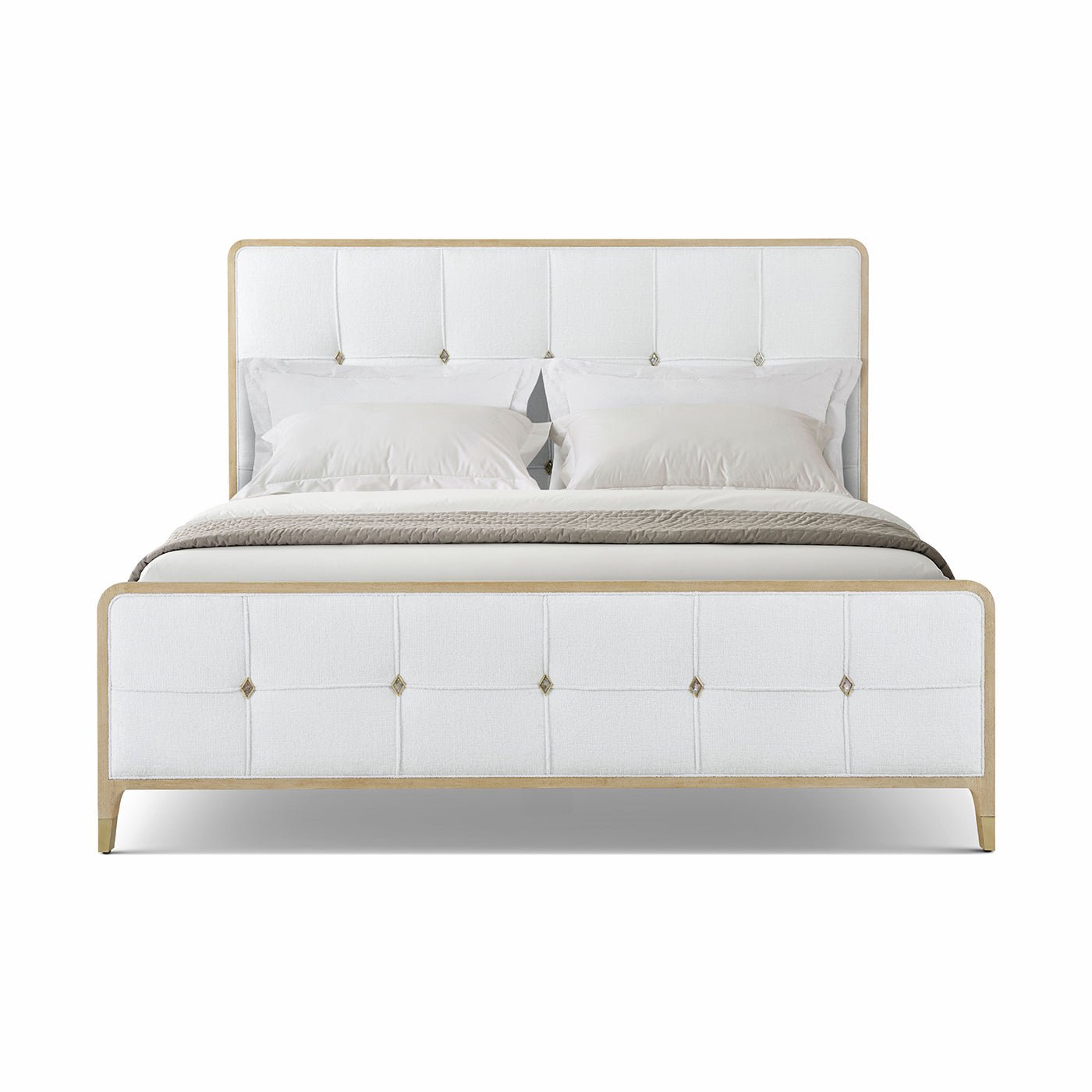 Light finish upholstered king bed front view.