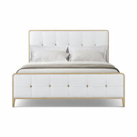 Light finish upholstered king bed front view.