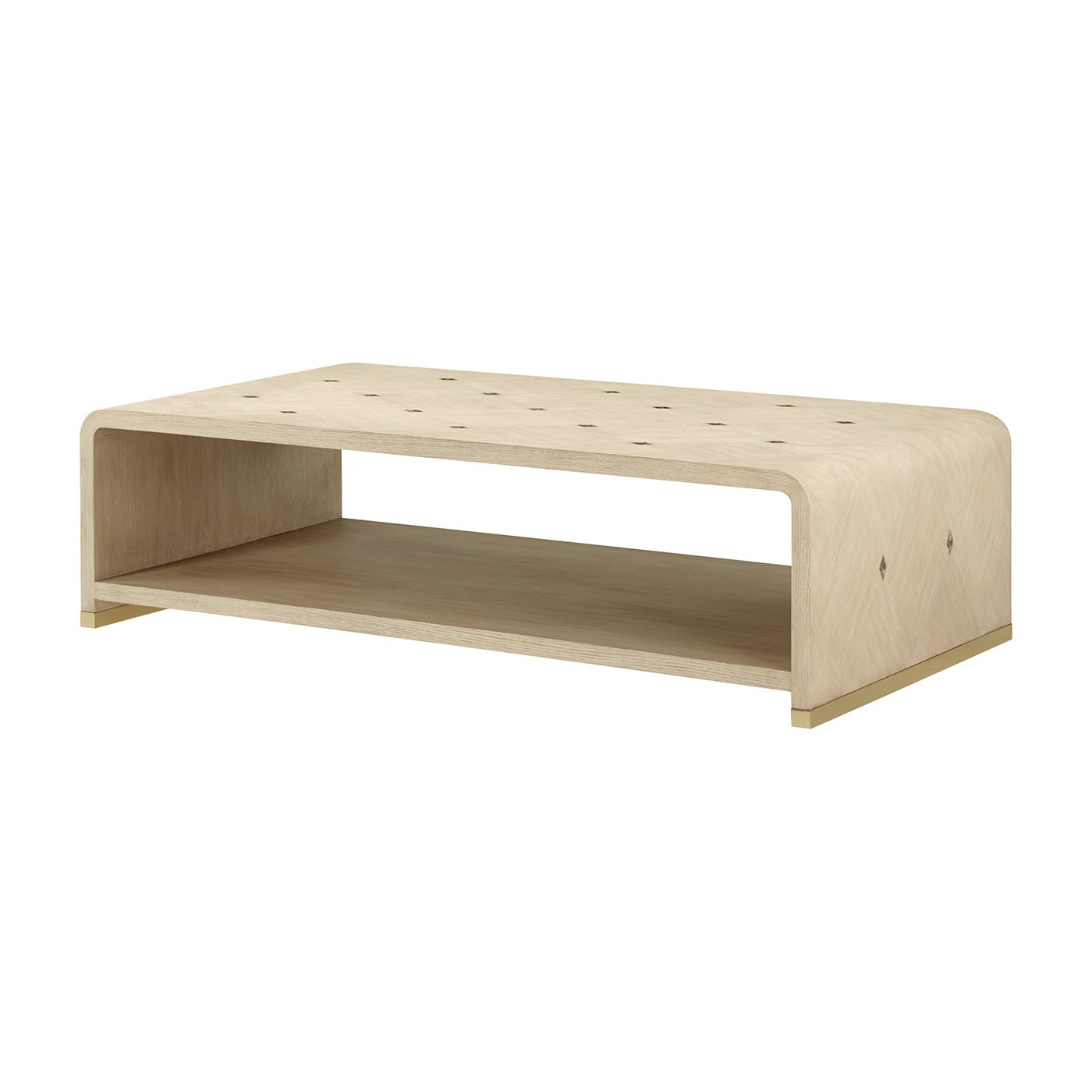 Wooden waterfall coffee table with shelf, wide view.