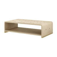 Wooden waterfall coffee table with shelf, wide view.