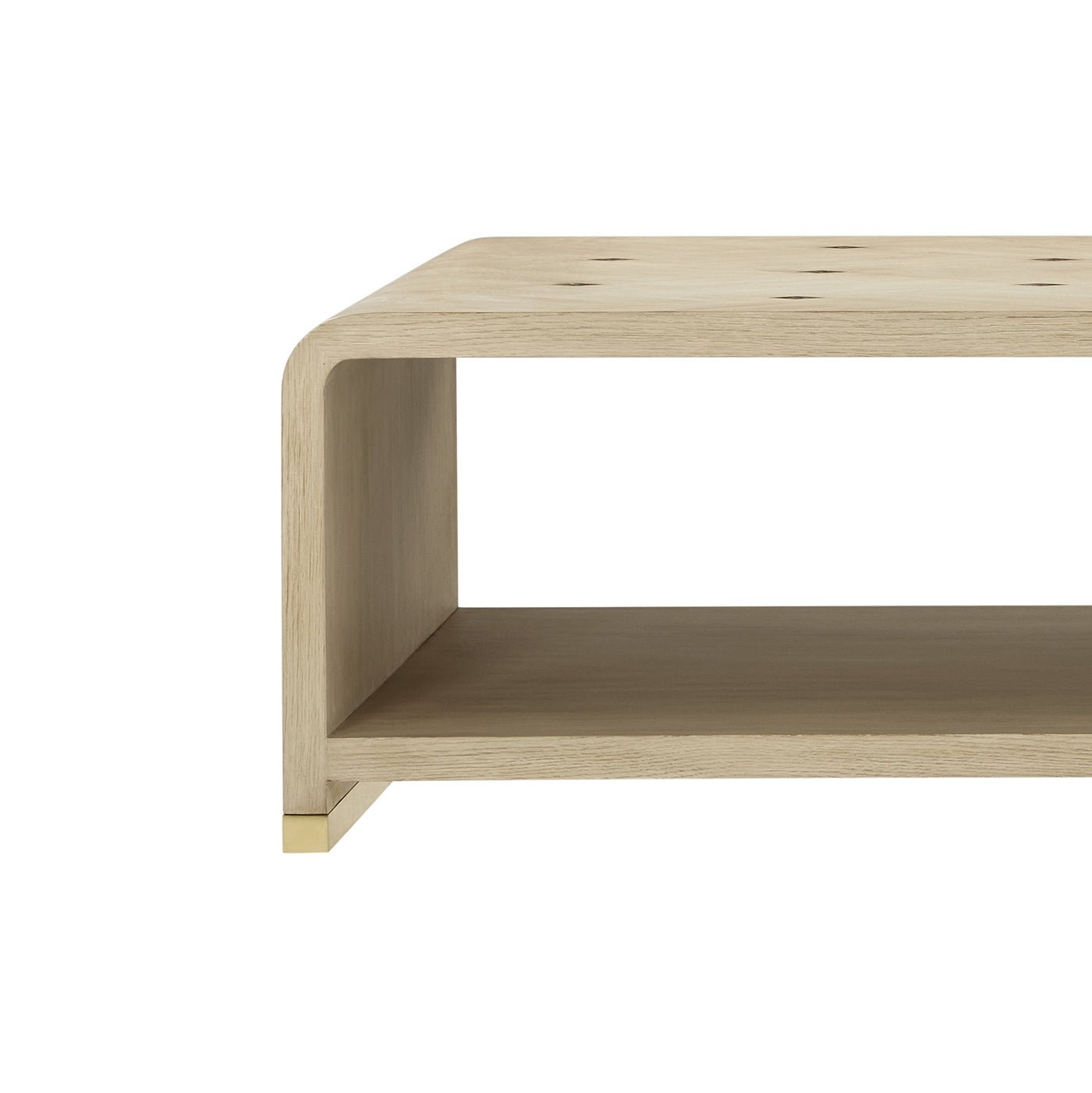 Coffee table side view showing open shelf design.