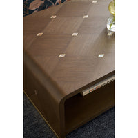 Close-up corner detail of dark coffee table.