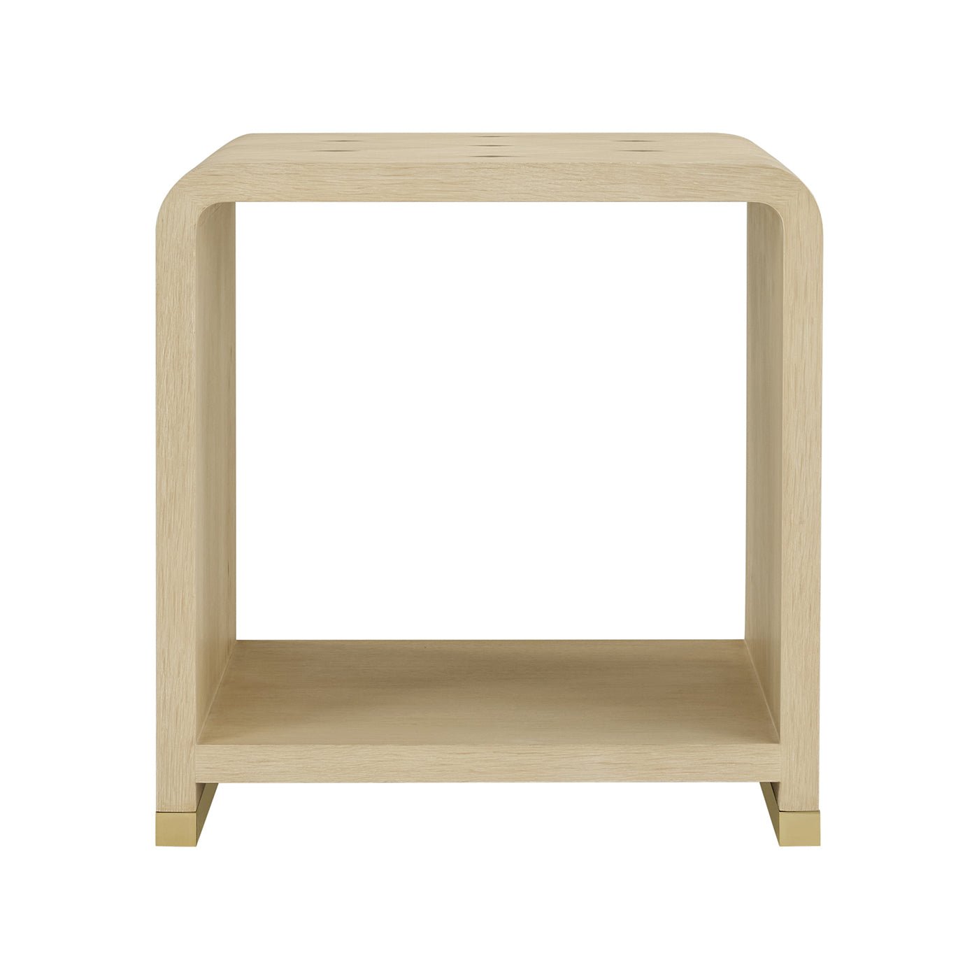 Front view of beige waterfall side table design.
