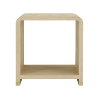 Front view of beige waterfall side table design.
