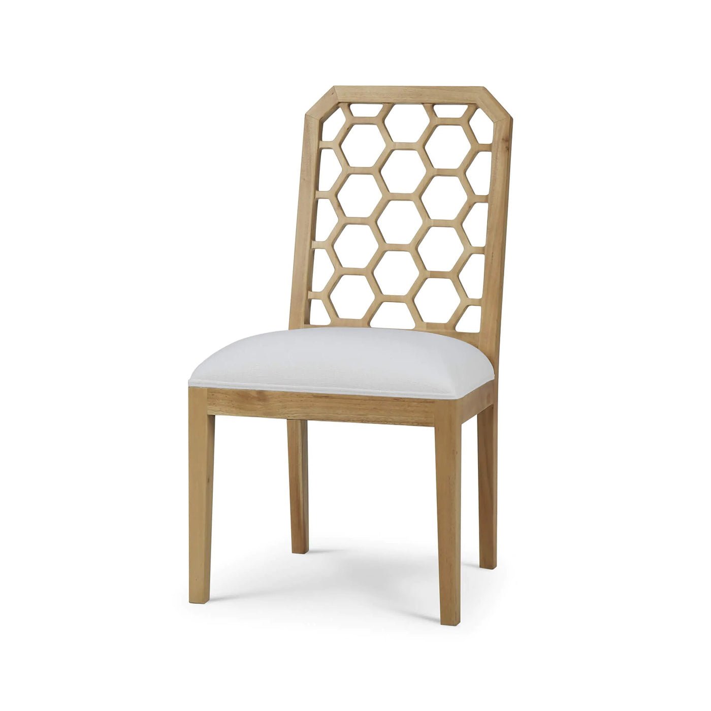 Honeycomb back dining chair, front view, white seat.