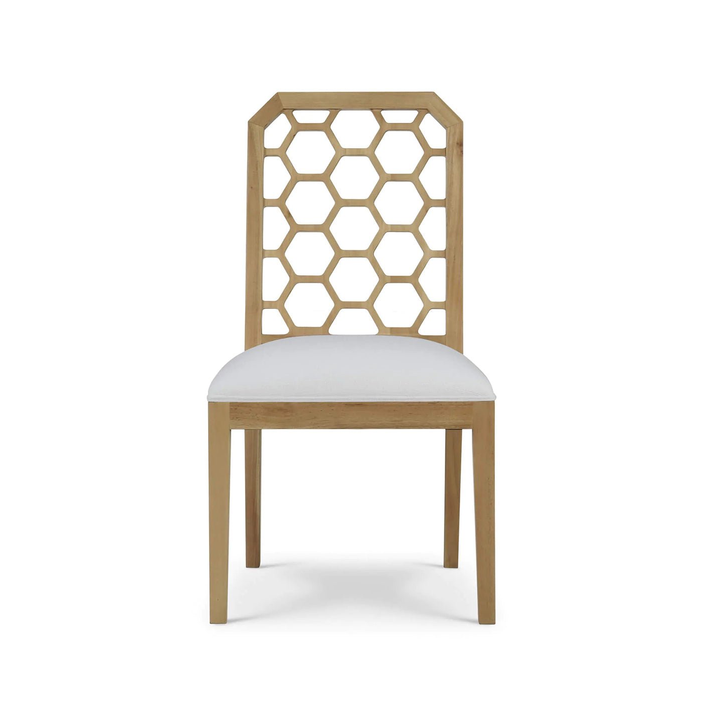 Honeycomb back dining chair, full front view, white cushion.