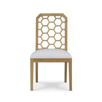 Honeycomb back dining chair, full front view, white cushion.