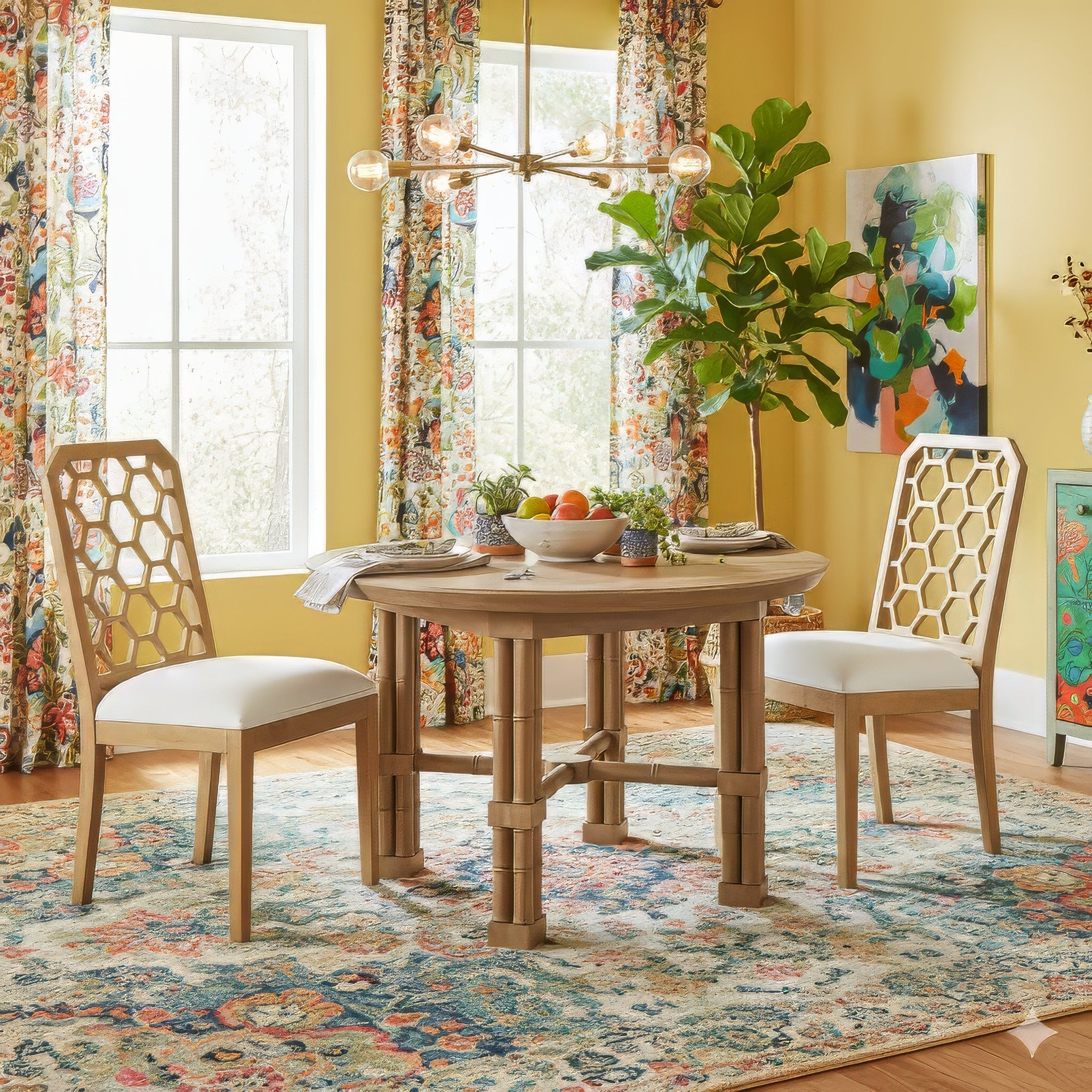 Dining room setup with honeycomb back chairs, wooden table.