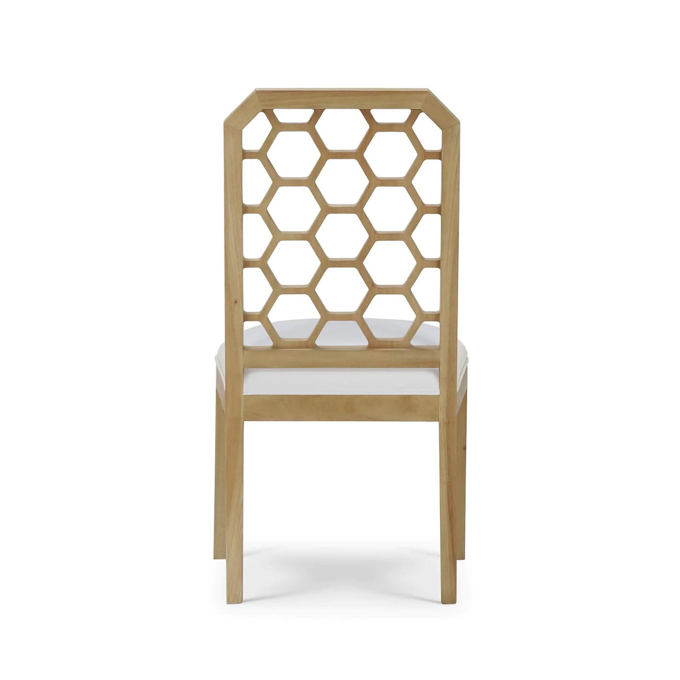Honeycomb back dining chair, rear view, wooden frame.