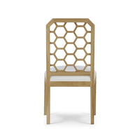 Honeycomb back dining chair, rear view, wooden frame.