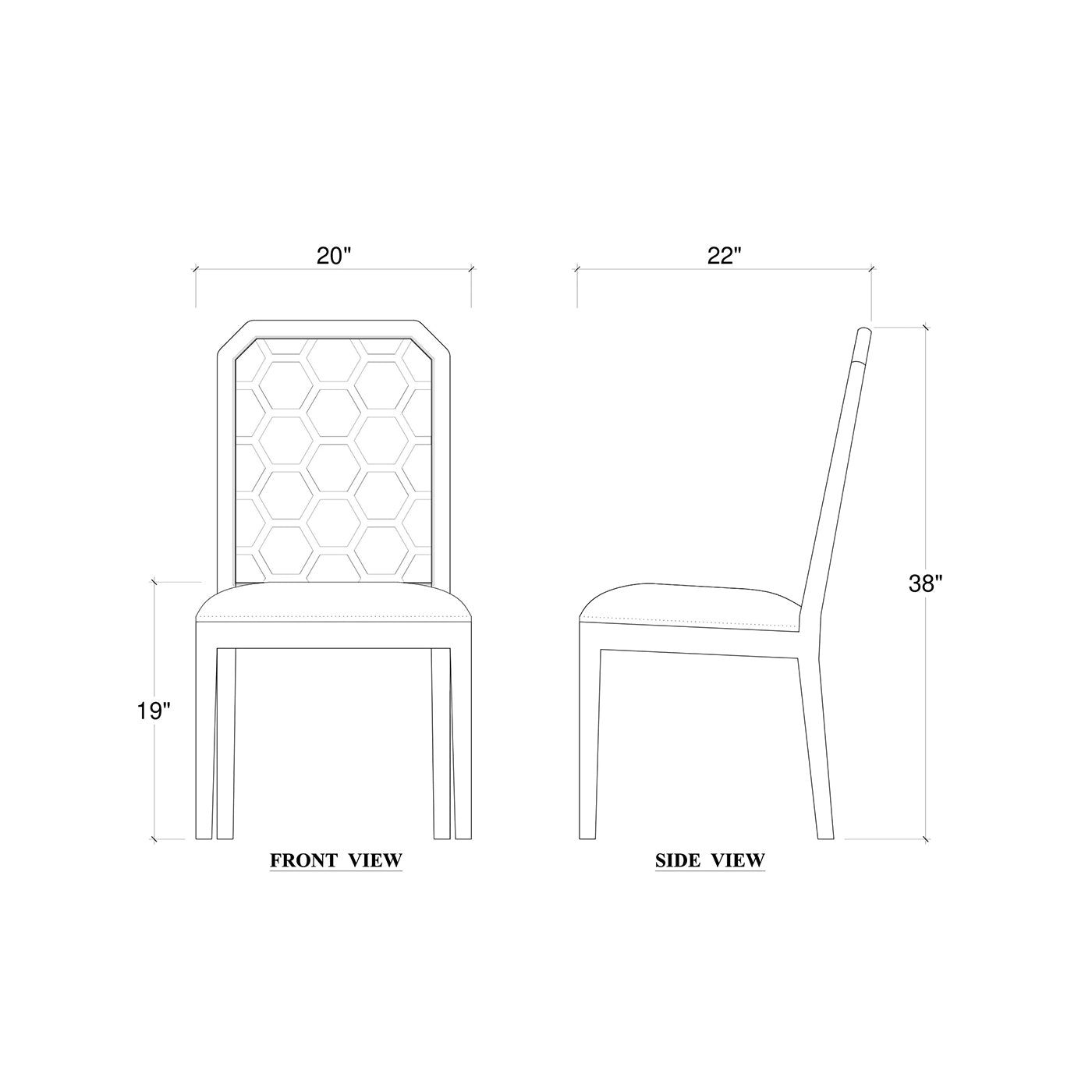 Diagram of honeycomb back dining chair dimensions.